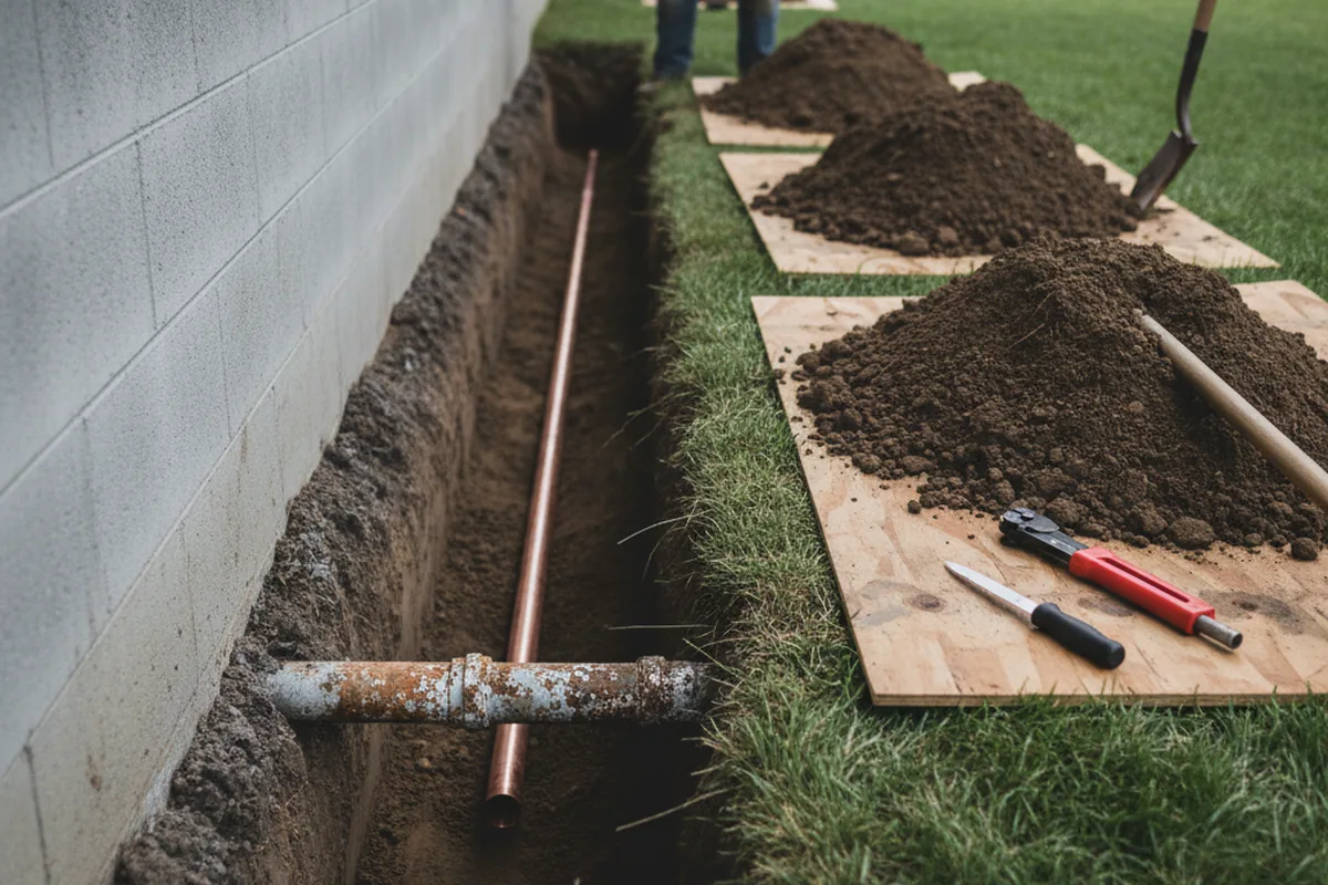 Excavated water line trench during Sewer Line Repair in Hagaman